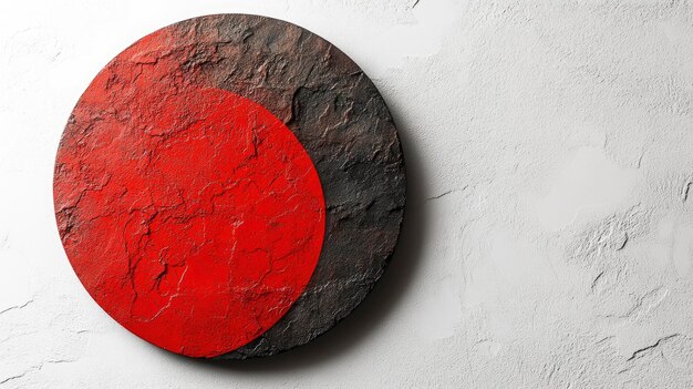 Photo circular artwork with contrasting red and charcoal textures on white wall