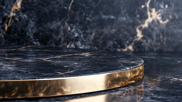 Photo a circular black marble podium with gold trim on a black marble background