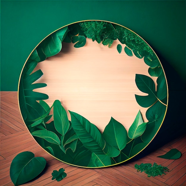 Circular Bulletin Board, Green Leaf Frame, Wooden Floor