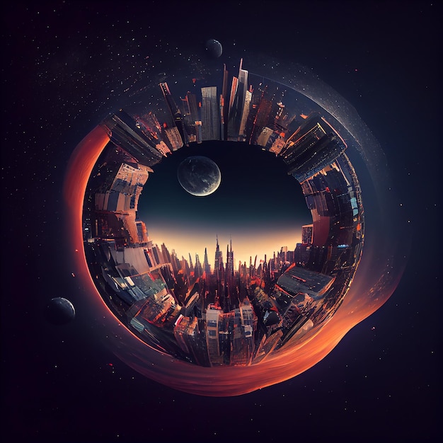 Circular cityscape with fullmoon scene generative AI