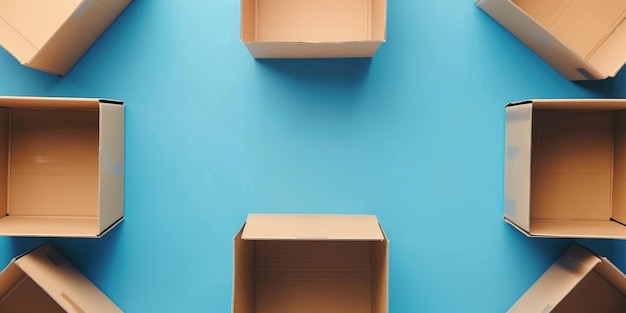 Circular empty open cardboard box on blue background