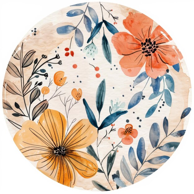 Photo circular floral watercolor illustration with vibrant flowers and leaves on wood background