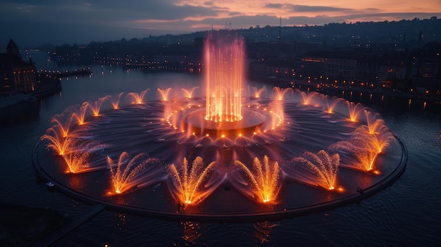 Circular Fountain Show Illuminated at Night