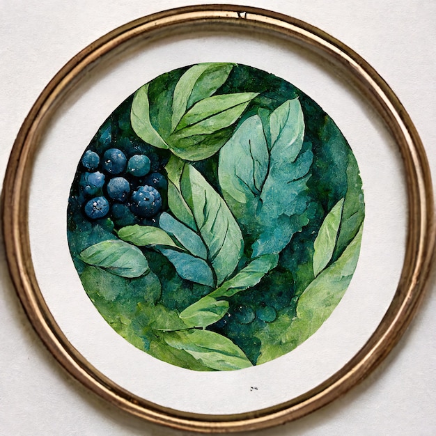 circular frame with green leaves and berries