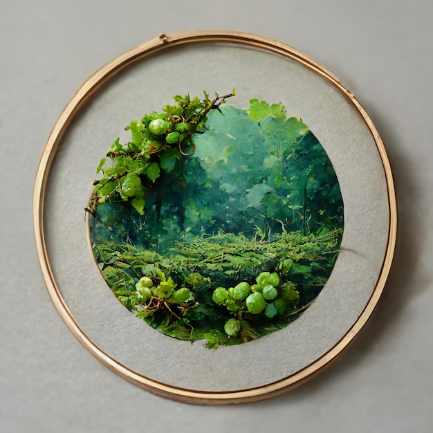 circular frame with green leaves and berries