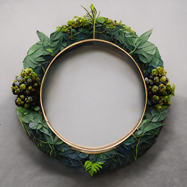 circular frame with green leaves and berries