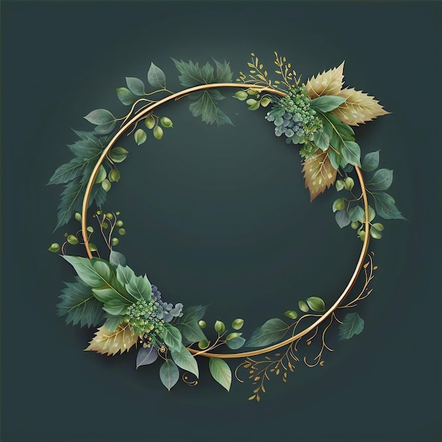 circular frame with green leaves and berries