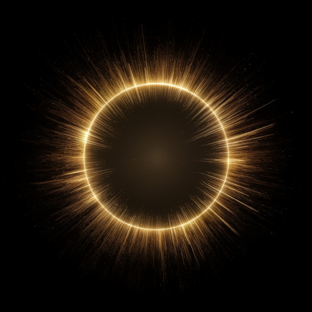 Circular golden light explosion on black background