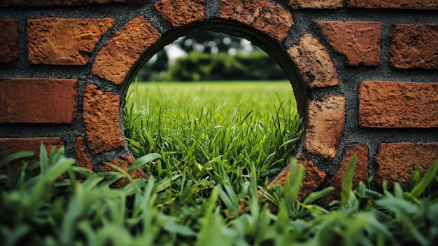 Photo circular hole in brick wall with view of green grass and garden in the background landscape concept