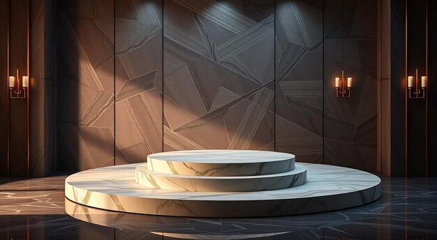 Circular marble podium with gold accents and black marble floor