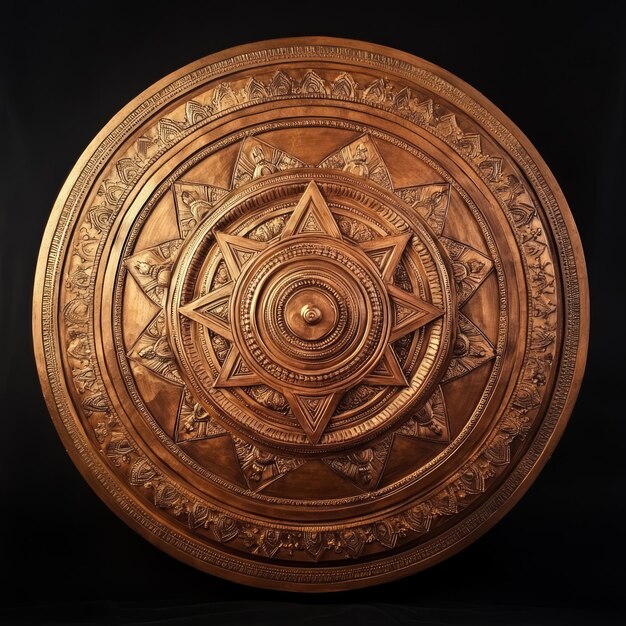 Photo a circular ornate copper shield with a starburst design intricate carvings and a central raised button