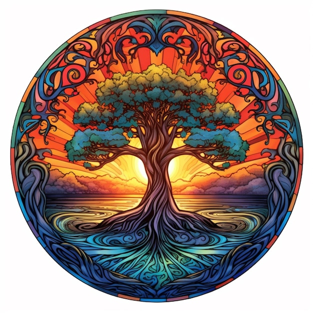 A circular painting of a tree with a sunset in the background generative ai