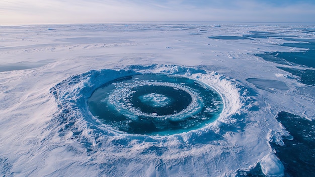 Photo a circular patch of open water surrounded by ice in the arctic