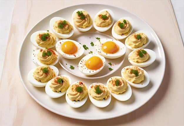 Photo circular pattern deviled eggs on ceramic plate