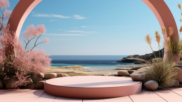 Photo circular platform with ocean view and palm trees