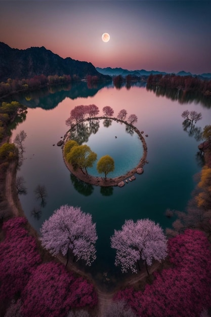 Circular shaped photo of object in the middle lake generative ai