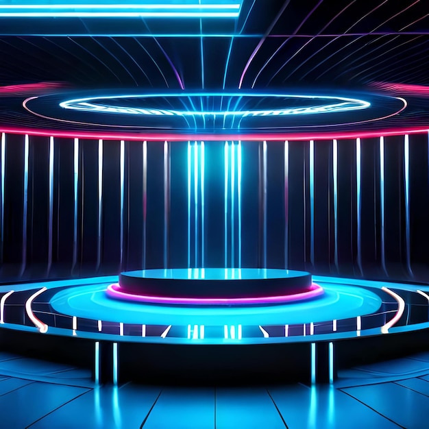 A circular stage with a bright and colorful light