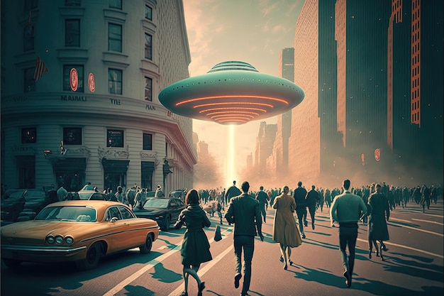 Circular UFOs unleashing chaos in the city with many people running vintage style Ai generative