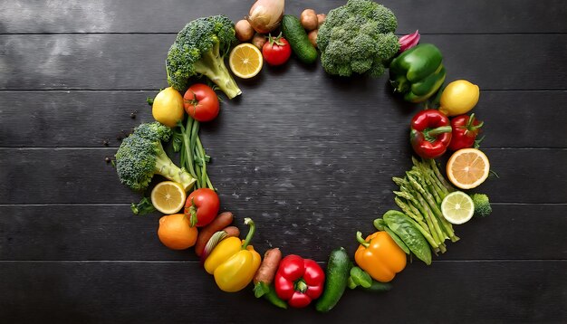 Photo circular vegan produce layout with center copy space topdown view mockup featuring fresh vegetables and fruits on dark wood background graphic art illustration