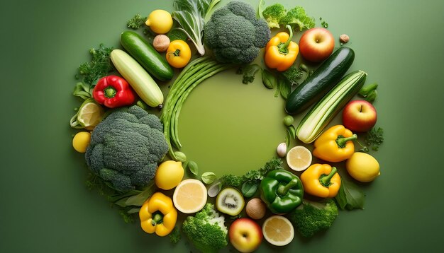 Photo circular vegan produce layout with center copy space topdown view mockup featuring fresh vegetables and fruits on dark wood background graphic art illustration