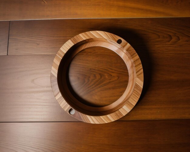 A circular wood circle is made from wood and has a circular design on the top.