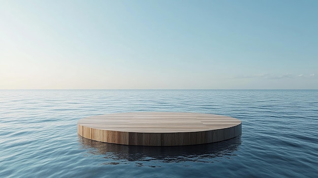 Circular wooden platform floating on tranquil ocean water under a bright sky creating a serene seasc