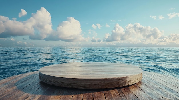 Circular wooden platform floating on tranquil ocean water under a bright sky creating a serene seasc