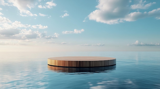 Circular wooden platform floating on tranquil ocean water under a bright sky creating a serene seasc