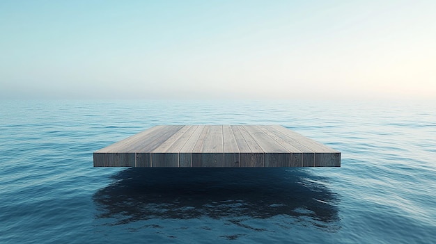 Photo circular wooden platform floating on tranquil ocean water under a bright sky creating a serene seasc