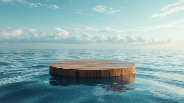 Circular wooden platform floating on tranquil ocean water under a bright sky creating a serene seasc