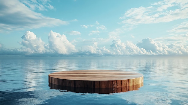 Circular wooden platform floating on tranquil ocean water under a bright sky creating a serene seasc