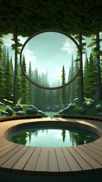 Photo circular wooden platform in a green forest with a round window above and a small pond in the center