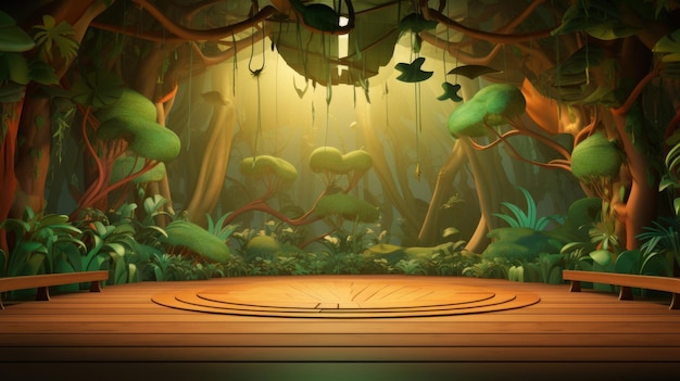 Photo a circular wooden platform surrounded by lush green foliage with a glowing light source in the center ideal for product display or game design