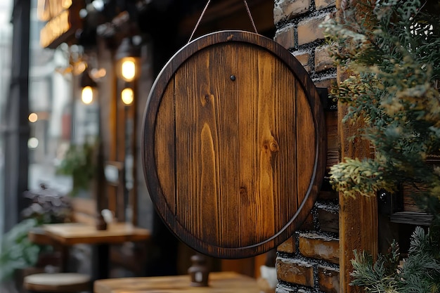 Circular Wooden Sign Hanging on Brick Wall of Rustic Bar or Cafe