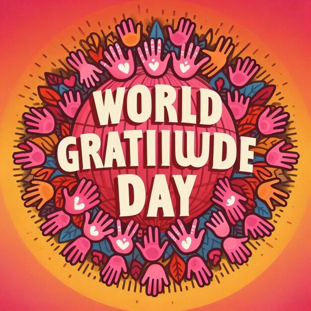 Photo a circular world gratitude day in the center surrounding the text are twelve pink handprints