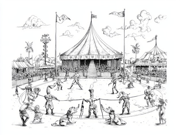 A circus performance with animal trainers dogs and a crowd watching from the stands