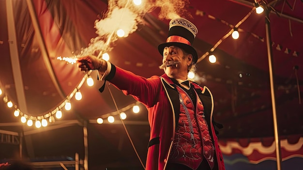 Photo circus ringmaster in red coat and top hat stands under bright lights arms wide open anticipation and excitement fill the air as he prepares to announce the next act generative by ai