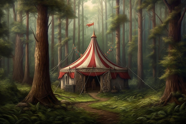 A circus tent in a forest with trees and a sign that says'circus '