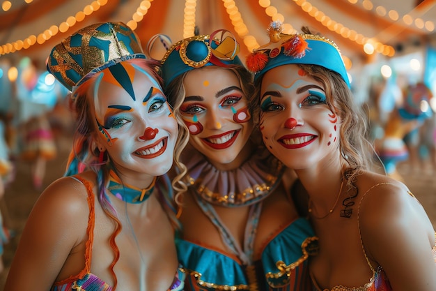 Photo circusthemed costume party guests in clown and acrobat costumes big top tent vibrant lights circus