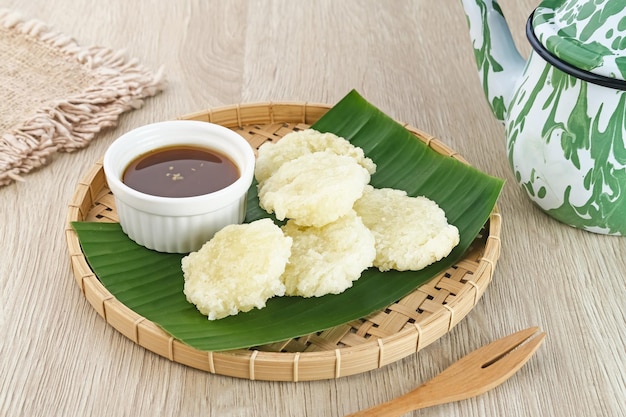 Cireng a savory snack from West Java Indonesia made from tapioca flour served with spicy sauce