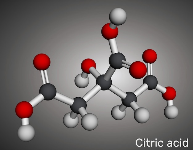 Citric acid molecule Molecular model 3D rendering