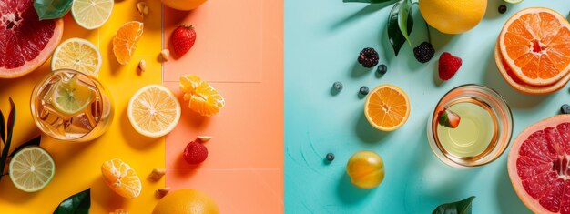 Photo citrus and berries split on colorful backgrounds with refreshing beverages