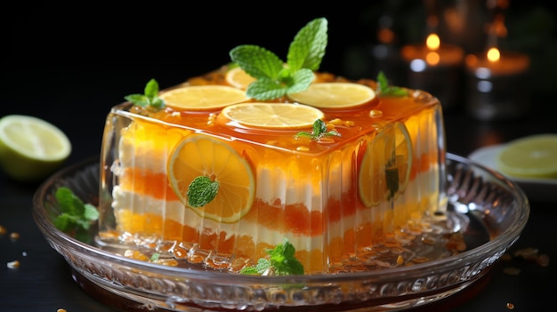 A citrus burst jelly cake with transparent layers infused with citrus fruits like oranges lemons a