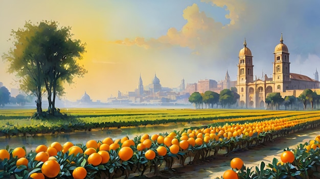 Citrus field in a futuristic city