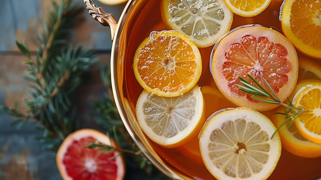 Photo citrus fruit infused beverage in golden bowl