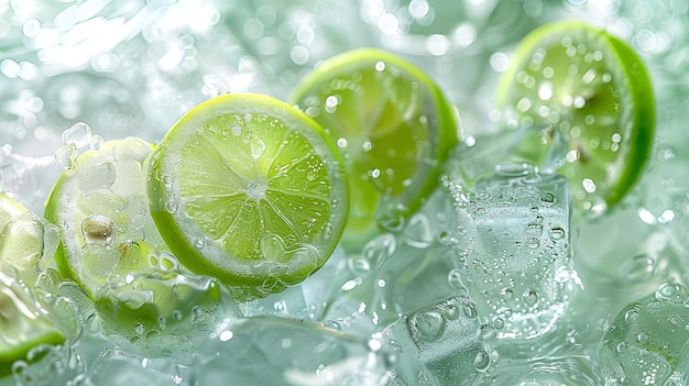 Citrus fruit slices dropping into a bed of ice water