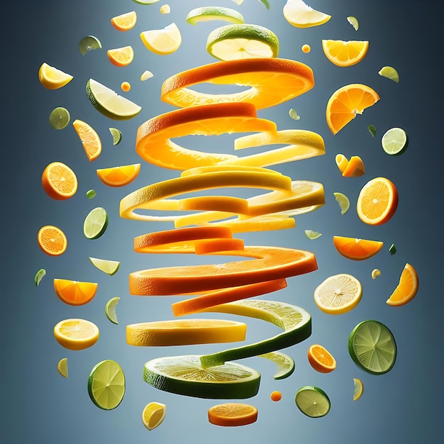 Photo citrus fruit slices suspended in the air forming a spiraling pattern of light and color