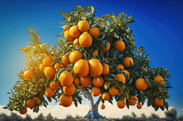 Citrus fruits in bright orange on a Kumquat tree against a clear sky