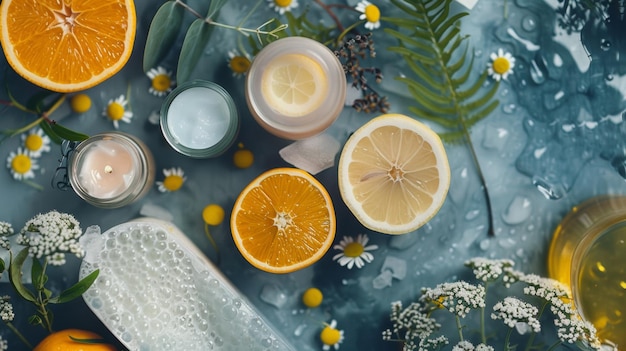 Citrus fruits and candles on a wet surface with flowers