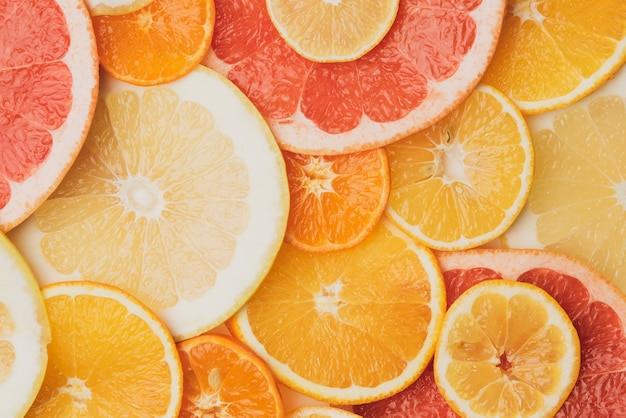 Citrus fruits cut into round pieces: orange, grapefruit, lemon, tangerine